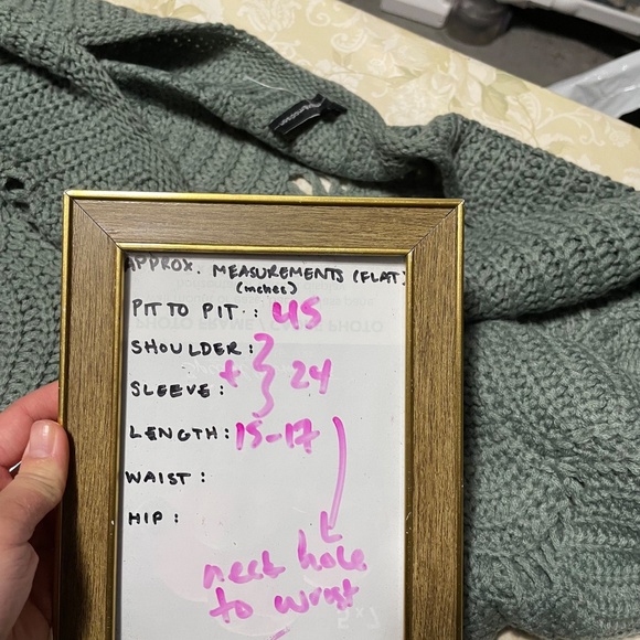 Scalloped Pointelle Batwing Sweater L Dolman Sage Green Open Knit Oversized Top - Picture 2 of 10